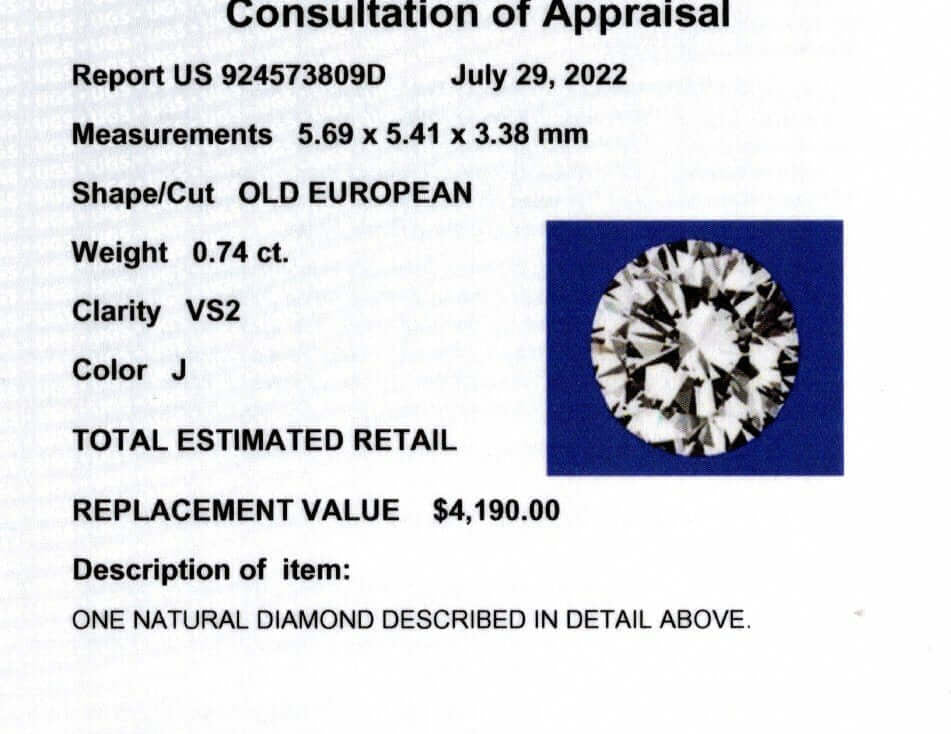 0.74ct CERTIFIED J VS2 OLD EUROPEAN CUT DIAMOND LOOSE VINTAGE NATURAL 3/4 CARAT