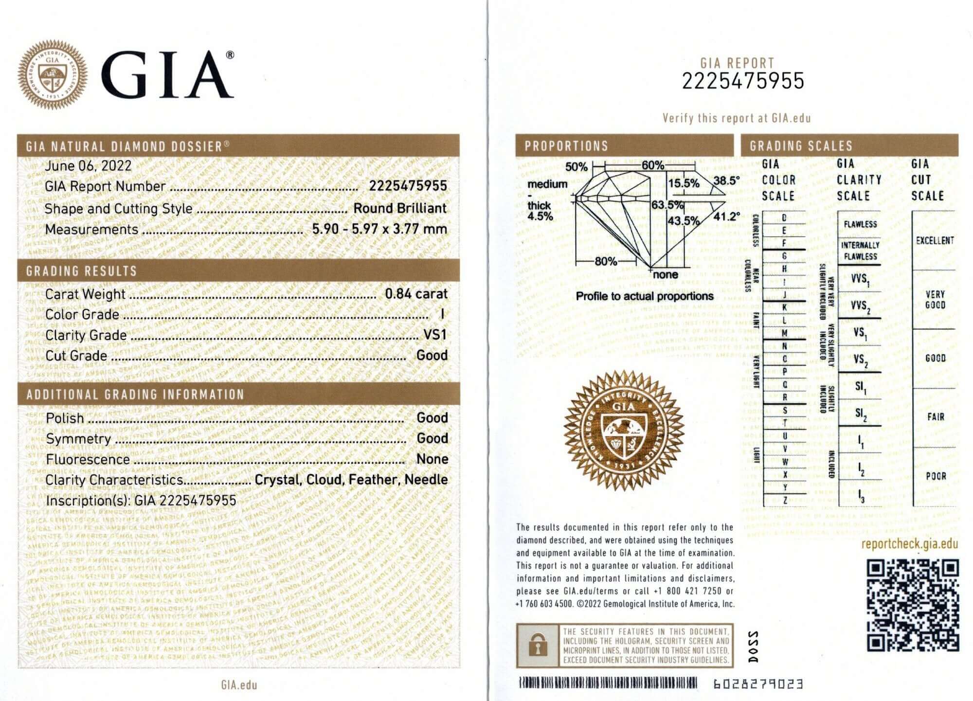 0.84ct GIA CERTIFIED I VS1 DIAMOND ROUND BRILLIANT CUT LOOSE NATURAL ENGAGEMENT