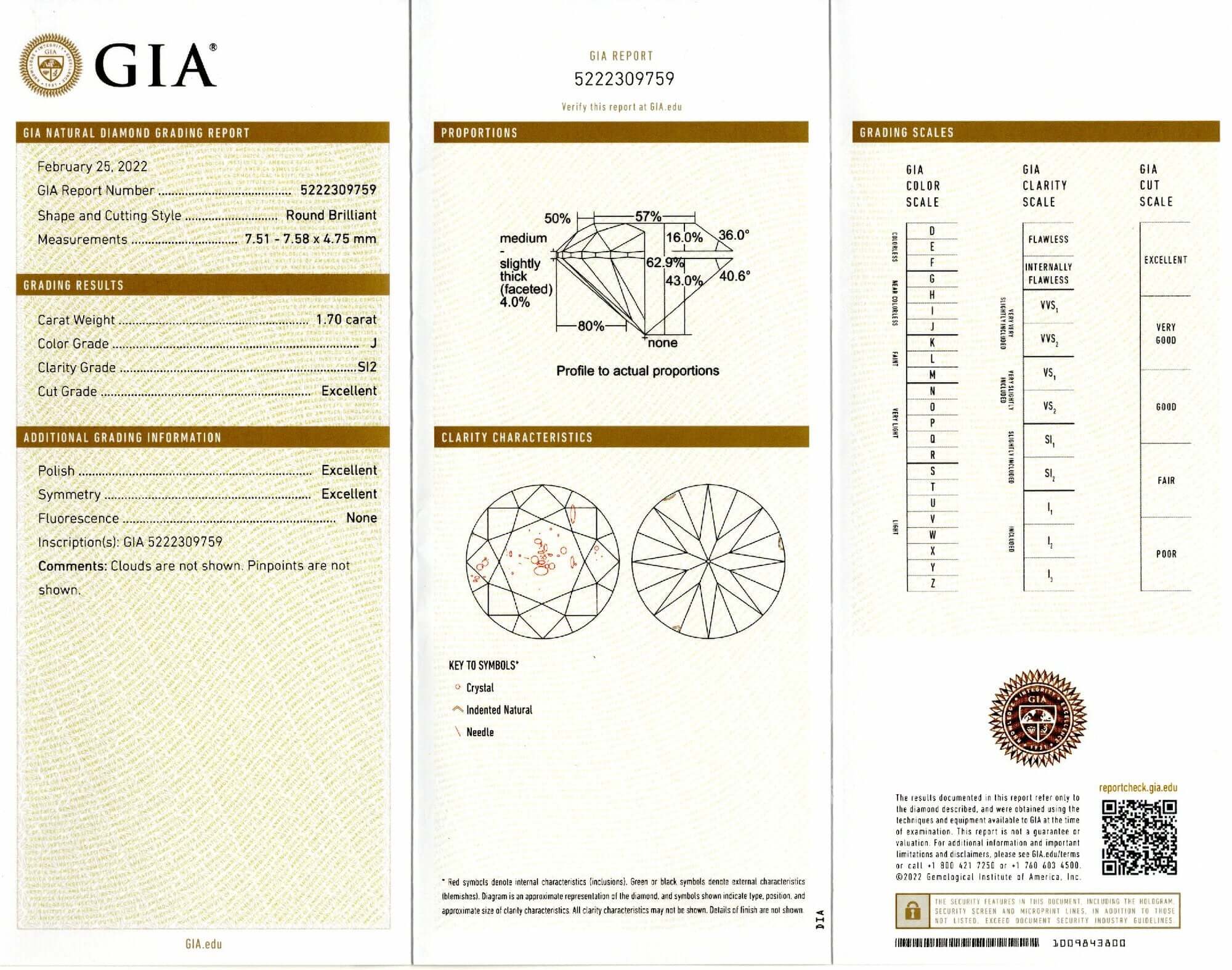 1.70ct GIA CERTIFIED DIAMOND 3x EXCELLENT CUT J SI2 CLEAN ROUND ENGAGEMENT LOOSE