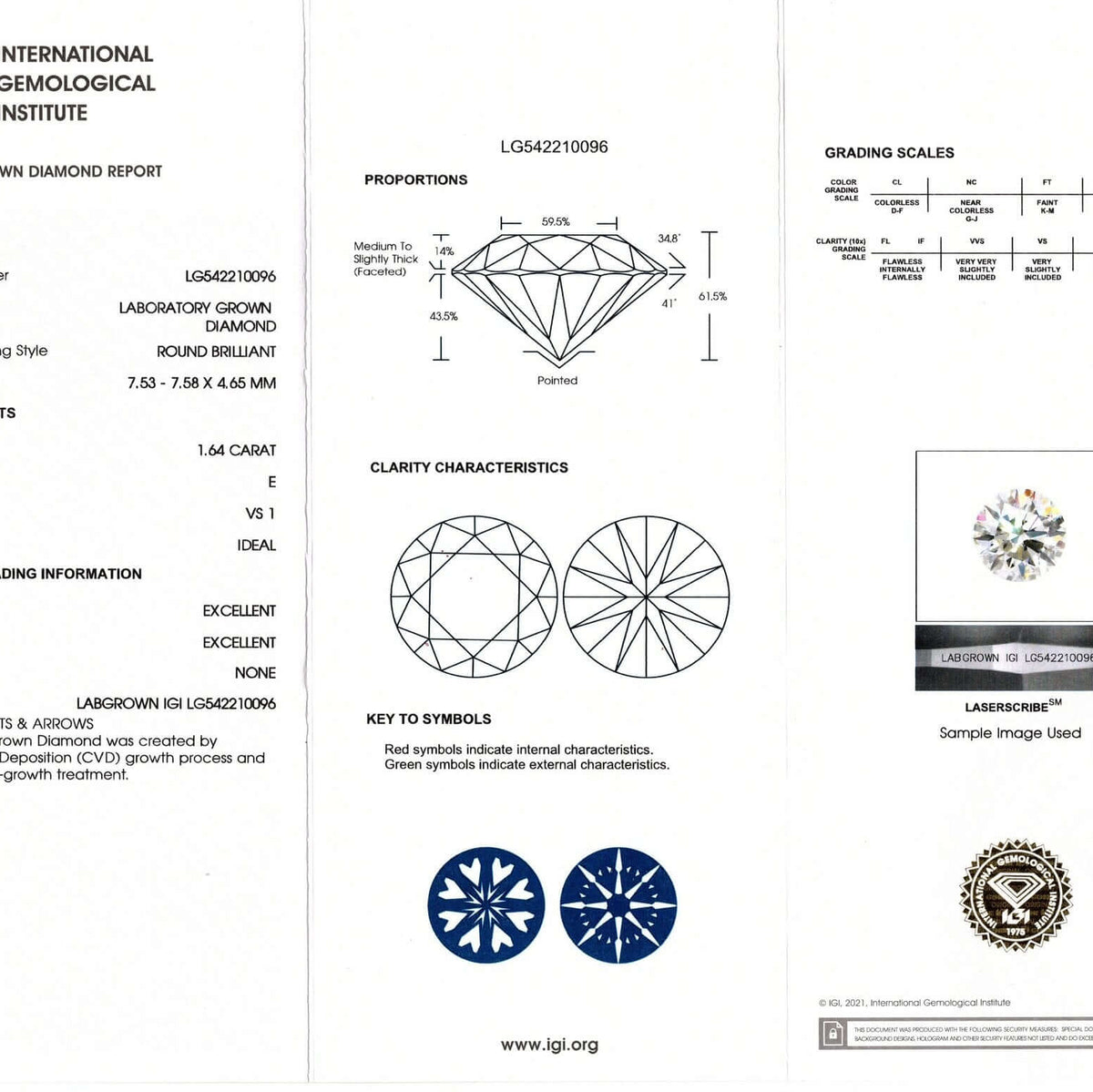 1.64c LAB CREATED DIAMOND CERTIFIED E VS1 3X EXCELLENT CUT ROUND BRILLIANT 1.5ct