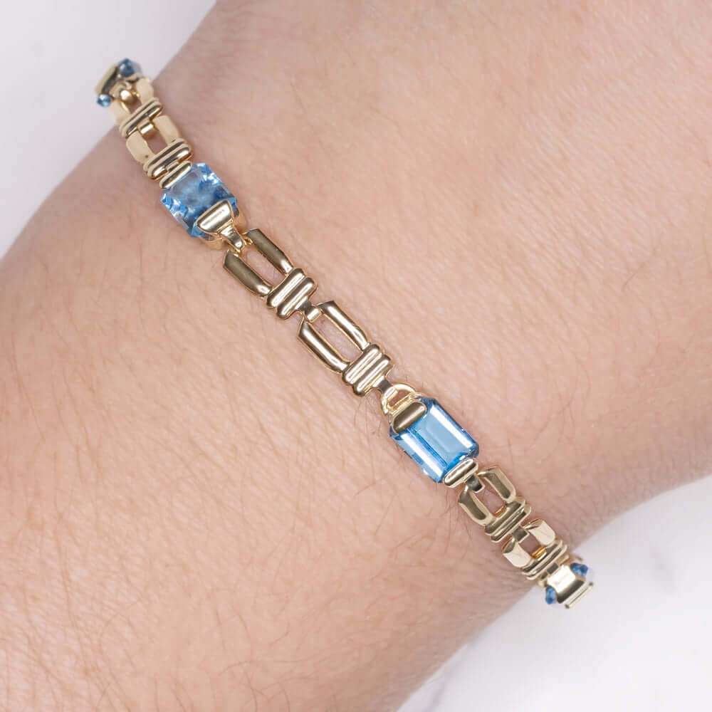 5 CARAT SWISS BLUE TOPAZ 14k YELLOW GOLD BRACELET CHUNKY CHAIN ESTATE RETRO 5ct