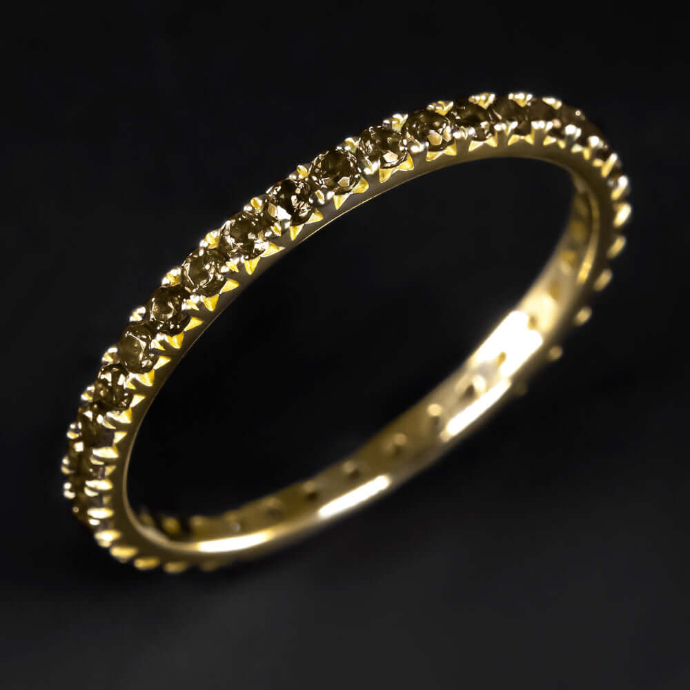 14K YELLOW GOLD SMOKY QUARTZ ETERNITY RING WEDDING BAND STACKING PAVE CHOCOLATE
