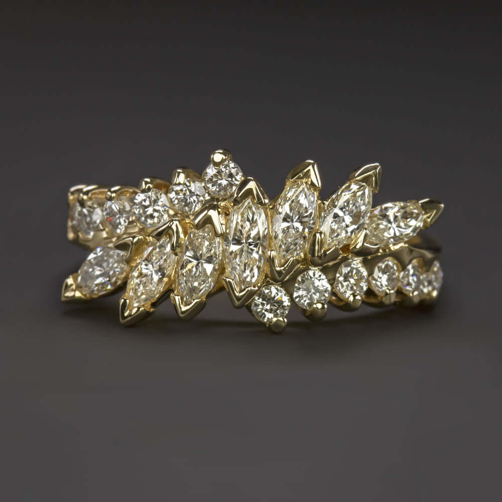 1 CARAT G-I VS DIAMOND COCKTAIL BAND MARQUISE CUT ANGLE SET CLUSTER YELLOW GOLD