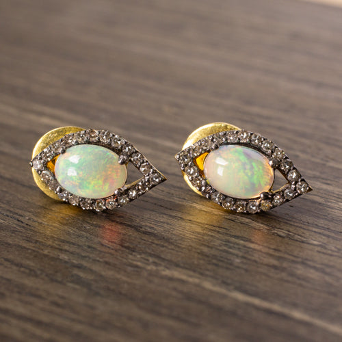 NATURAL OPAL DIAMONDS HALO STUD EARRINGS MARQUISE SHAPE SEEING EYE RUSTIC BOHO Ivy & Rose