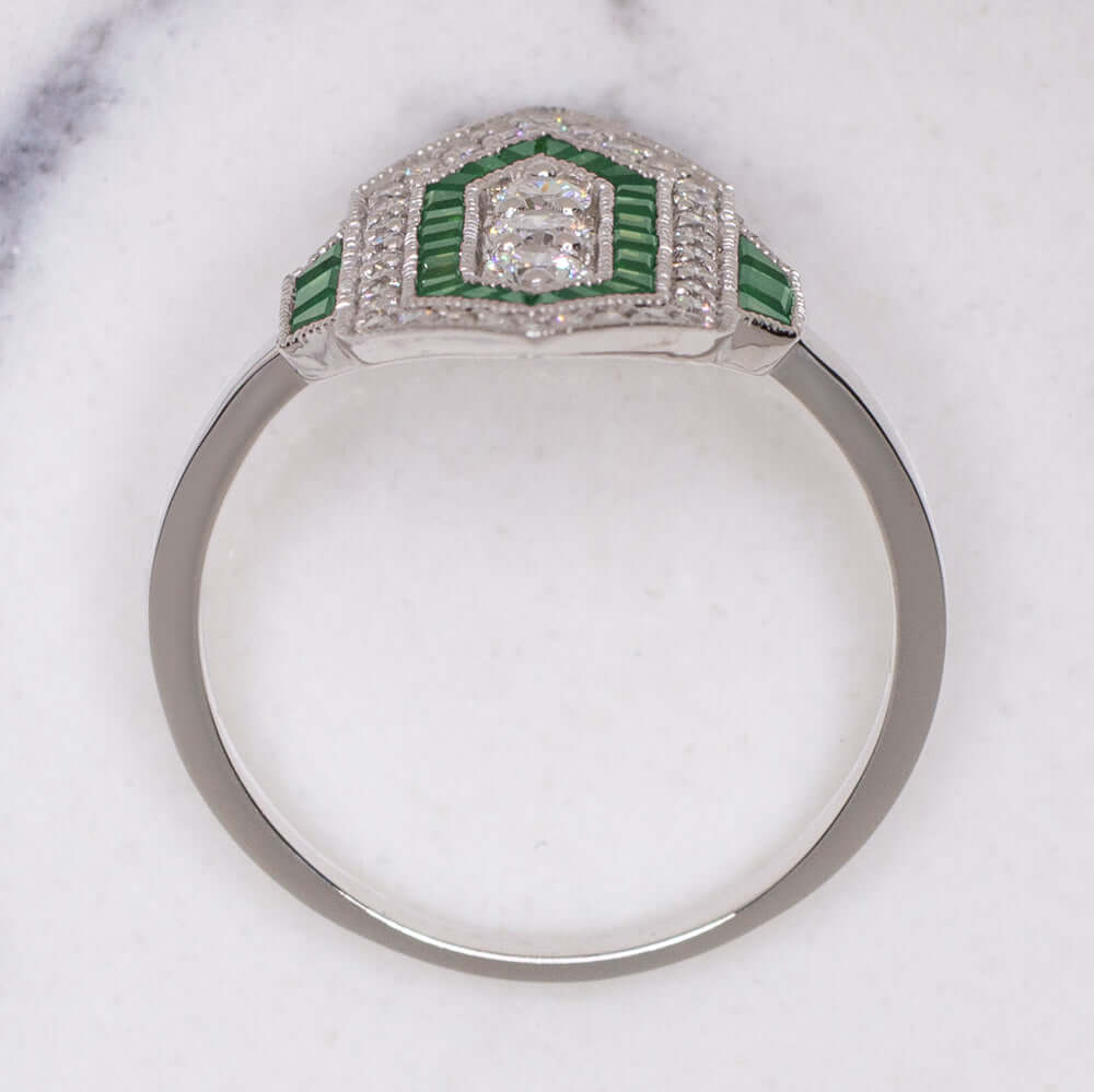 DIAMOND EMERALD VINTAGE STYLE RING ART DECO GEOMETRIC COCKTAIL ANTIQUE NATURAL