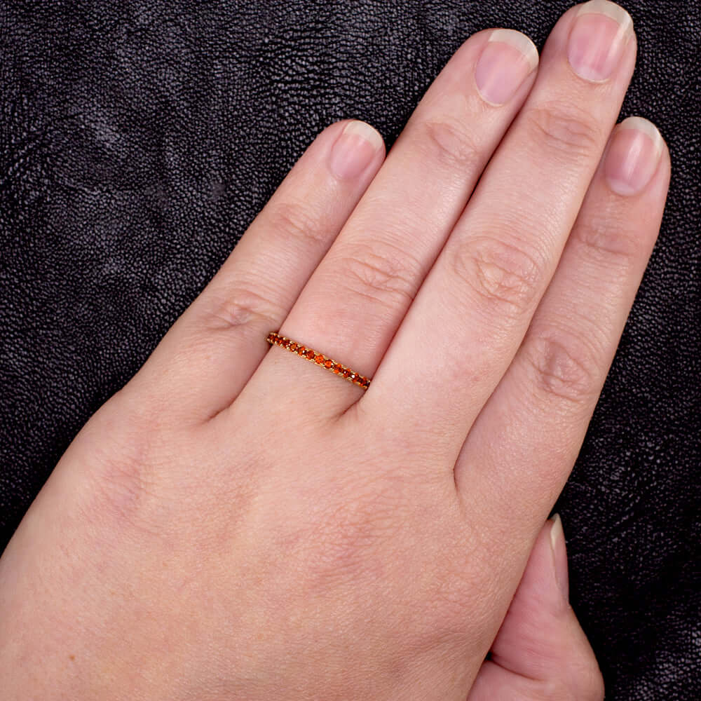 14K ROSE GOLD CARNELIAN STACKING RING ETERNITY WEDDING BAND ORANGE RED THIN PAVE