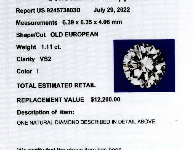 1.11ct CERTIFIED I VS2 OLD EUROPEAN CUT DIAMOND VINTAGE LOOSE NATURAL ESTATE 1ct