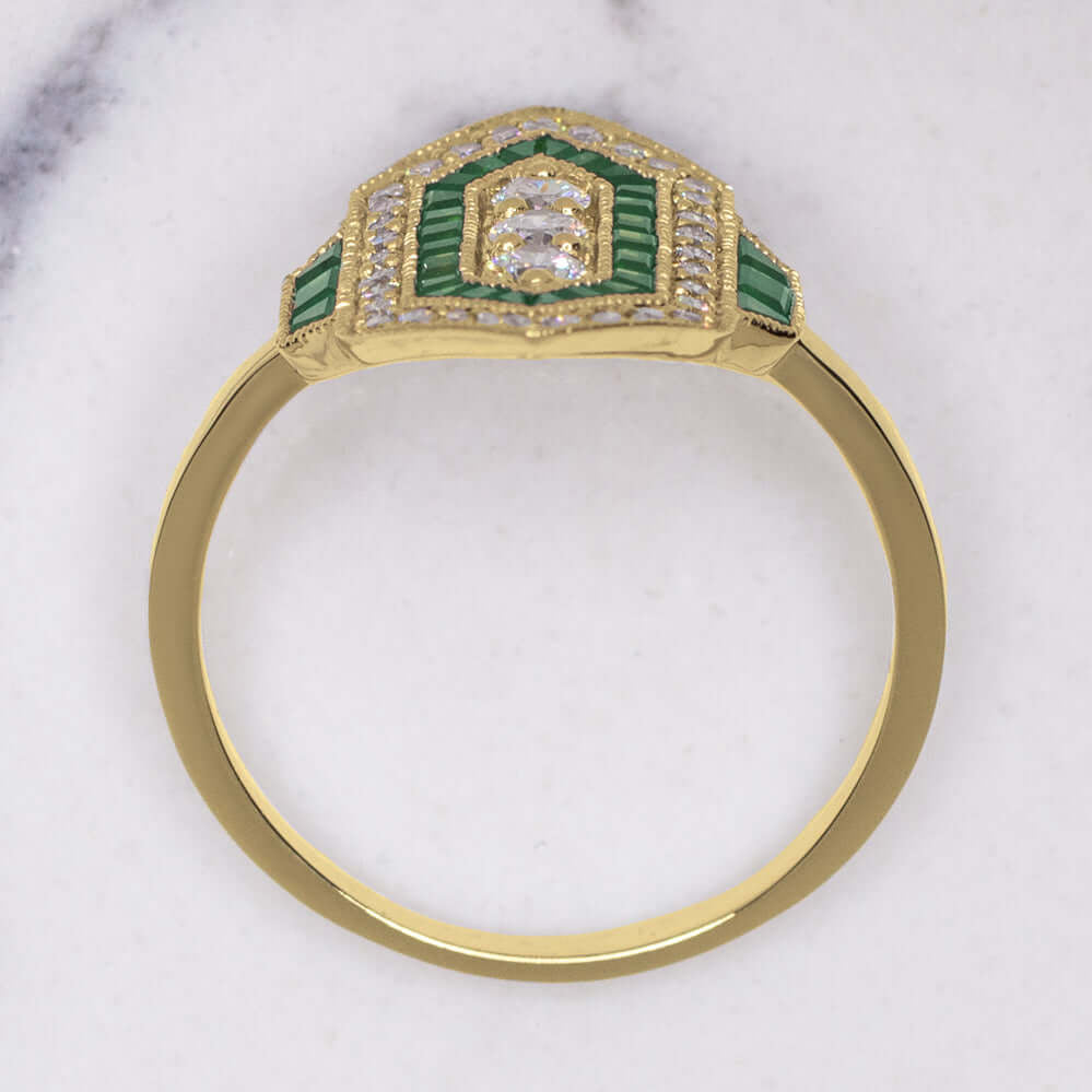 DIAMOND EMERALD VINTAGE STYLE RING ART DECO YELLOW GOLD COCKTAIL ANTIQUE NATURAL