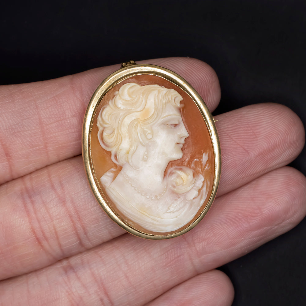 VINTAGE CAMEO PENDANT YELLOW GOLD PORTRAIT NECKLACE HAND CARVED ESTATE TWO TONE