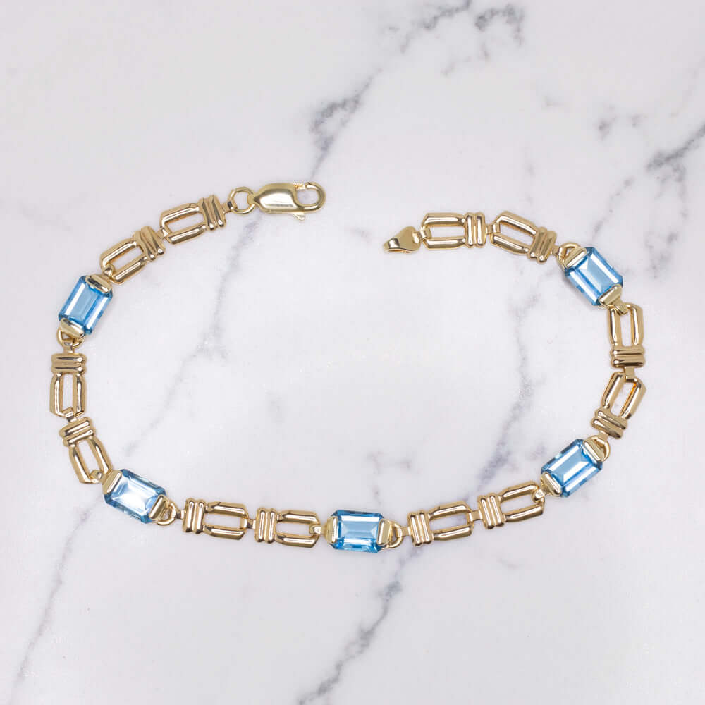 5 CARAT SWISS BLUE TOPAZ 14k YELLOW GOLD BRACELET CHUNKY CHAIN ESTATE RETRO 5ct