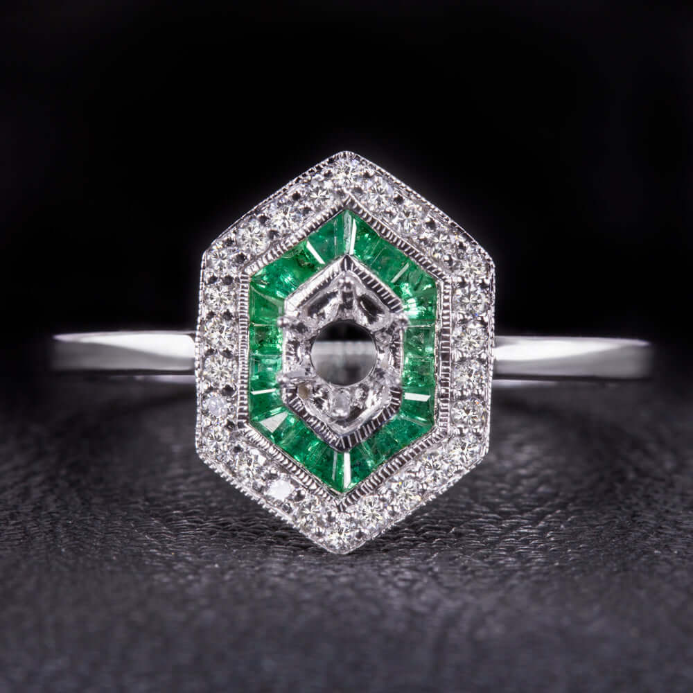 DIAMOND EMERALD ENGAGEMENT RING SETTING 4m ART DECO SEMI MOUNT VINTAGE GEOMETRIC