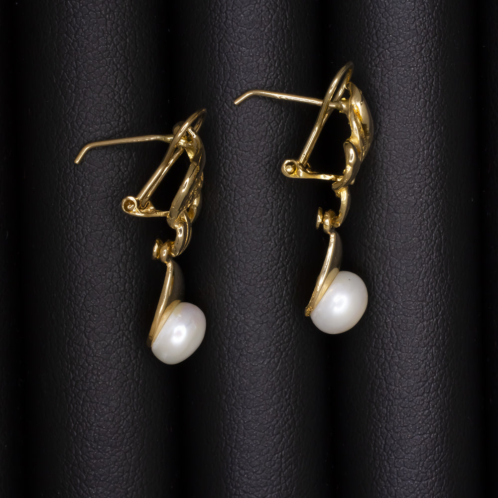 PEARL SOLID 14k YELLOW GOLD DANGLE EARRINGS DROP SWIRL ESTATE WEDDING JEWELRY