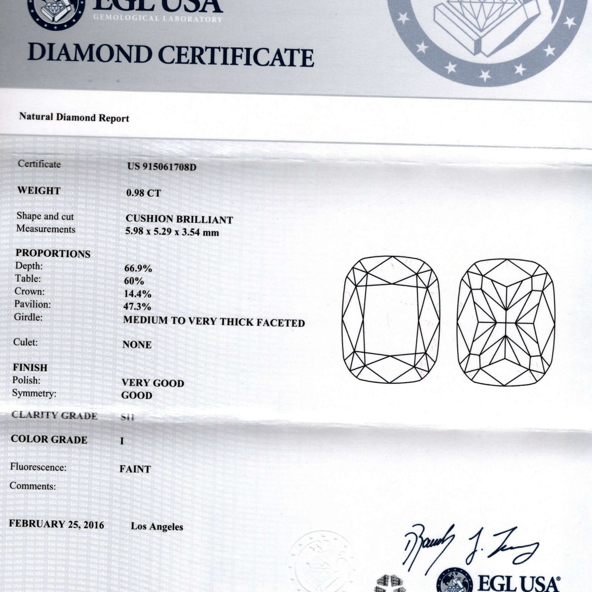 1 CARAT CERTIFIED I SI1 CUSHION BRILLIANT CUT DIAMOND LOOSE NATURAL ENGAGEMENT