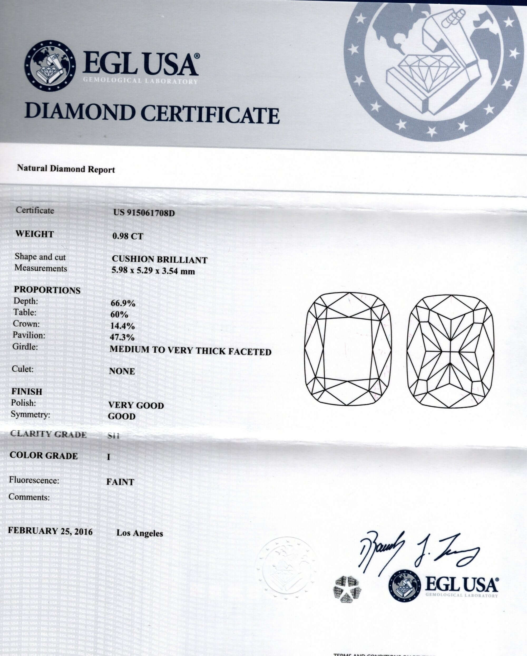 1 CARAT CERTIFIED I SI1 CUSHION BRILLIANT CUT DIAMOND LOOSE NATURAL ENGAGEMENT