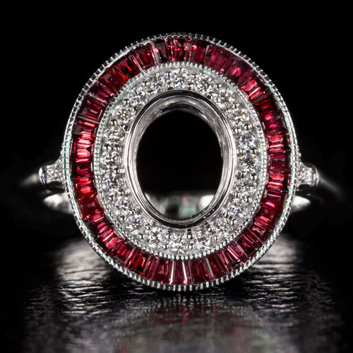 NATURAL RUBY DIAMOND OVAL ENGAGEMENT RING VINTAGE DOUBLE HALO SETTING SEMI-MOUNT Ivy & Rose