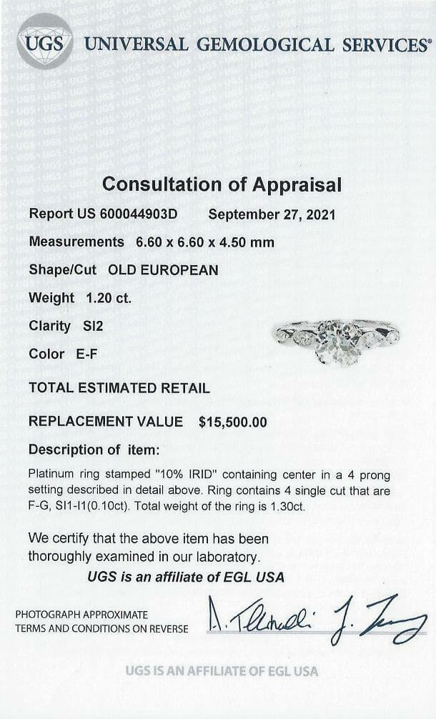 1.30ct CERTIFIED E SI2 DIAMOND ENGAGEMENT RING OLD EUROPEAN CUT VINTAGE PLATINUM