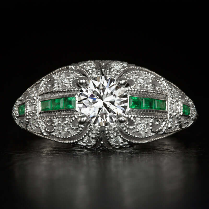 0.85ct DIAMOND EMERALD ART DECO STYLE ENGAGEMENT RING VINTAGE ROUND WHITE GOLD
