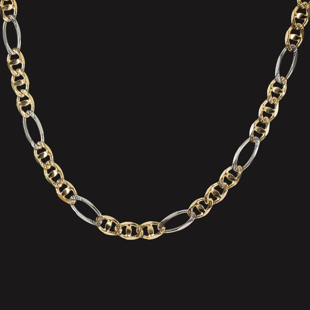 14k TWO TONE GOLD CHAIN NECKLACE 13.9gm 22 INCH MARINER FIGARO LINK