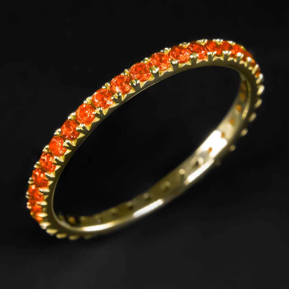 14K ROSE GOLD CARNELIAN STACKING RING ETERNITY WEDDING BAND ORANGE RED THIN PAVE