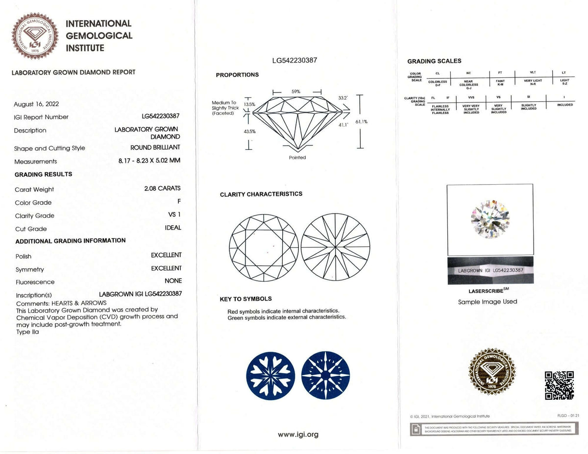 2.08ct LAB CREATED DIAMOND CERTIFIED F VS1 IDEAL CUT ROUND BRILLIANT LOOSE 2ct