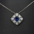 VINTAGE STYLE SAPPHIRE DIAMOND PENDANT HALO 18 INCH NECKLACE ROUND ART DECO BLUE