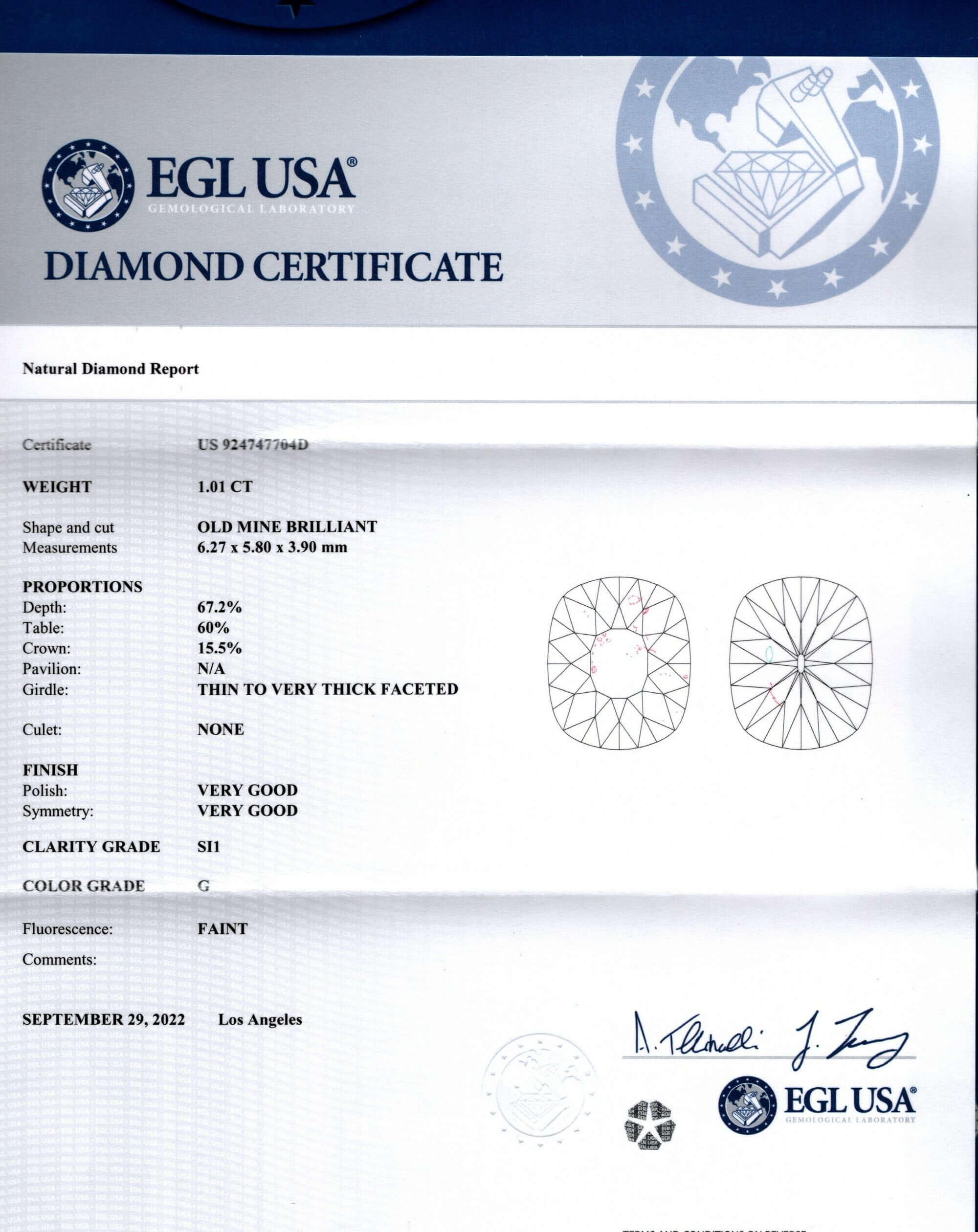 1 CARAT CERTIFIED G SI1 CUSHION BRILLIANT CUT DIAMOND LOOSE NATURAL MINE 1ct