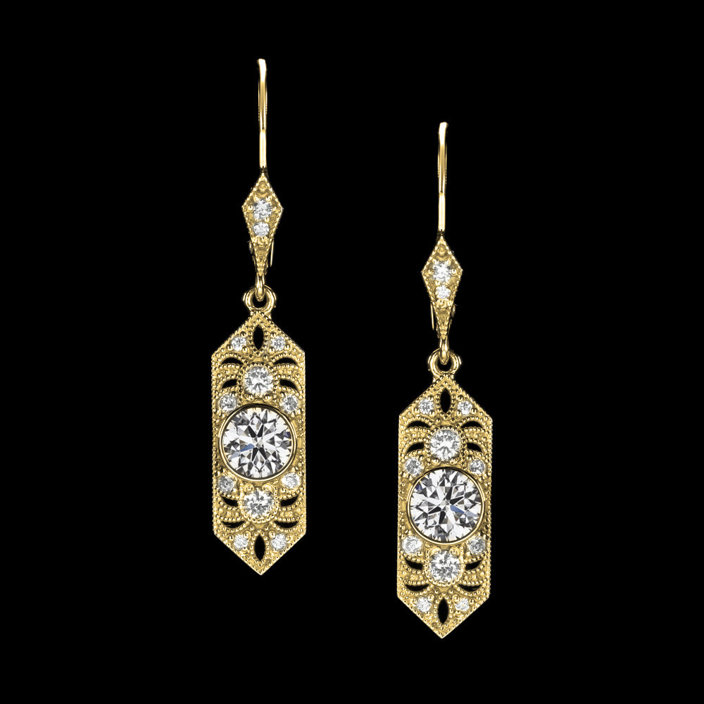 0.78c NATURAL DIAMOND VINTAGE STYLE DROP EARRINGS ART DECO GEOMETRIC