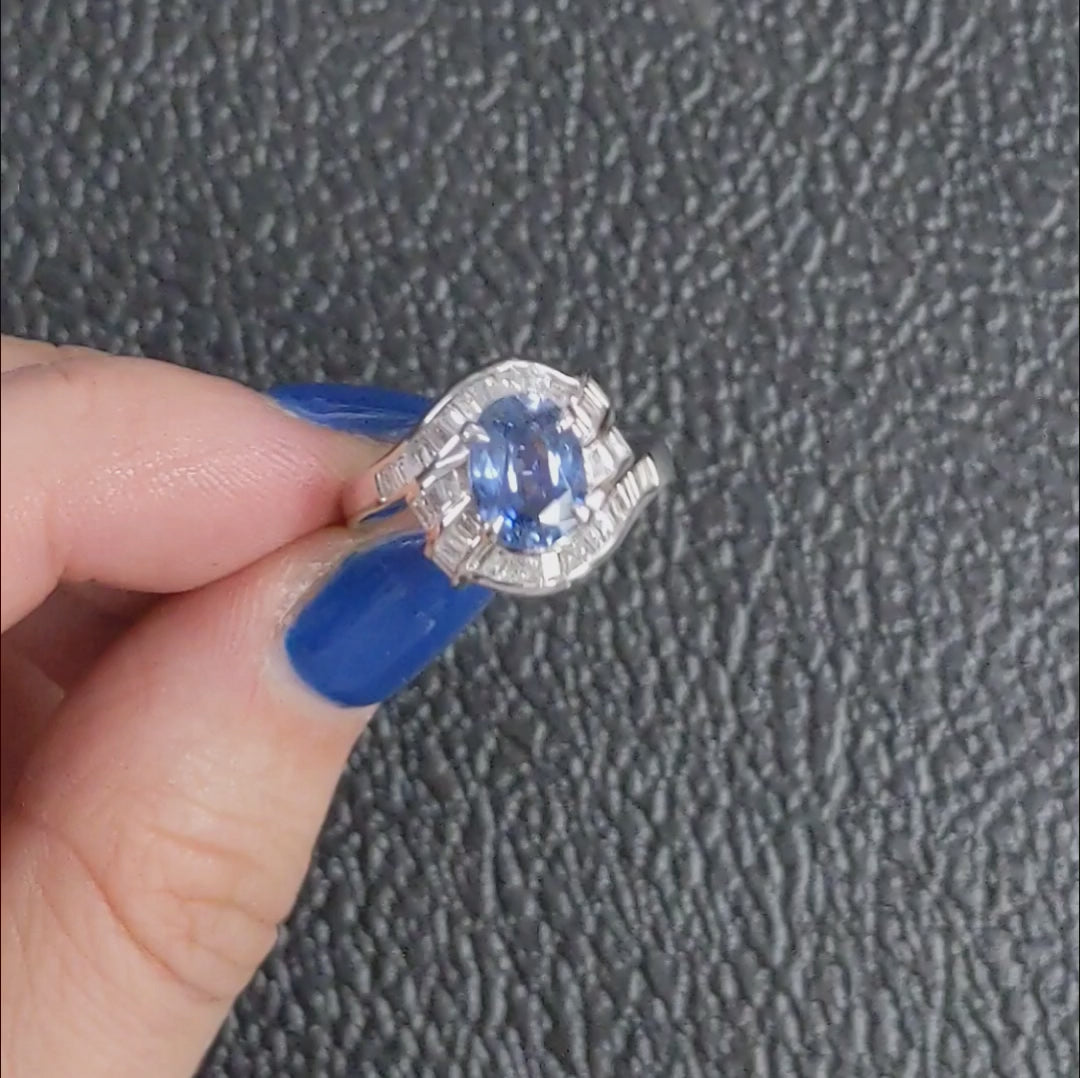 2.15ct SAPPHIRE DIAMOND COCKTAIL RING PLATINUM BYPASS BAGUETTE HALO OVAL SHAPE