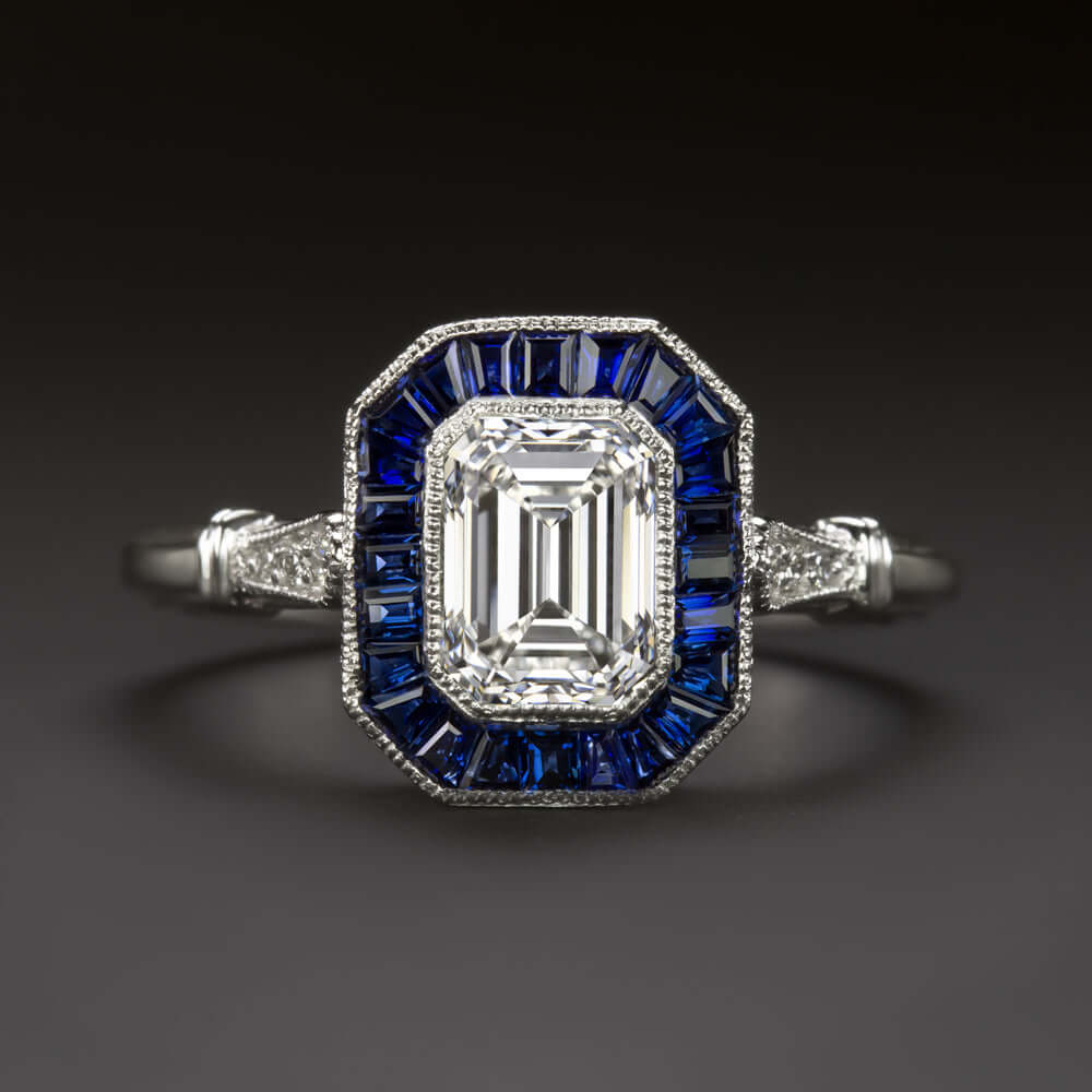 1.20ct GIA CERT I VS1 EMERALD CUT DIAMOND SAPPHIRE ENGAGEMENT RING VINTAGE STYLE