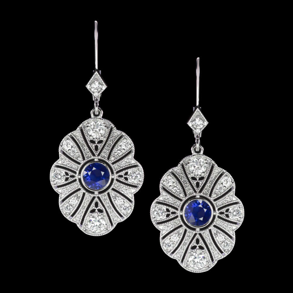 1.35ct SAPPHIRE DIAMOND DANGLE EARRINGS VINTAGE STYLE DROP WHITE GOLD