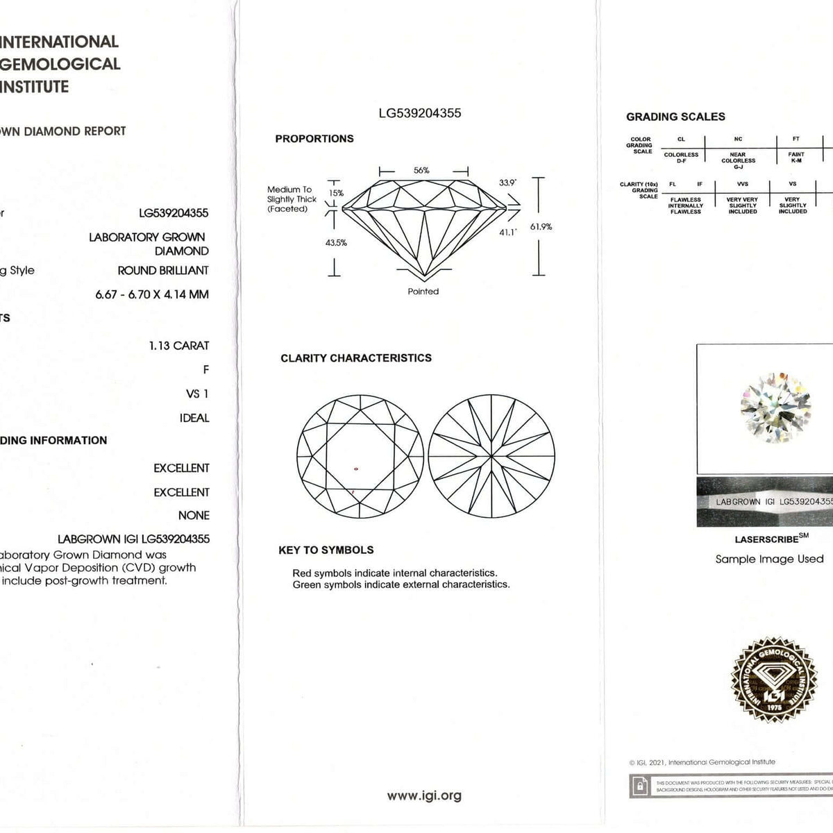 1.13ct LAB CREATED DIAMOND CERTIFIED F VS1 IDEAL CUT ROUND BRILLIANT LOOSE 1ct