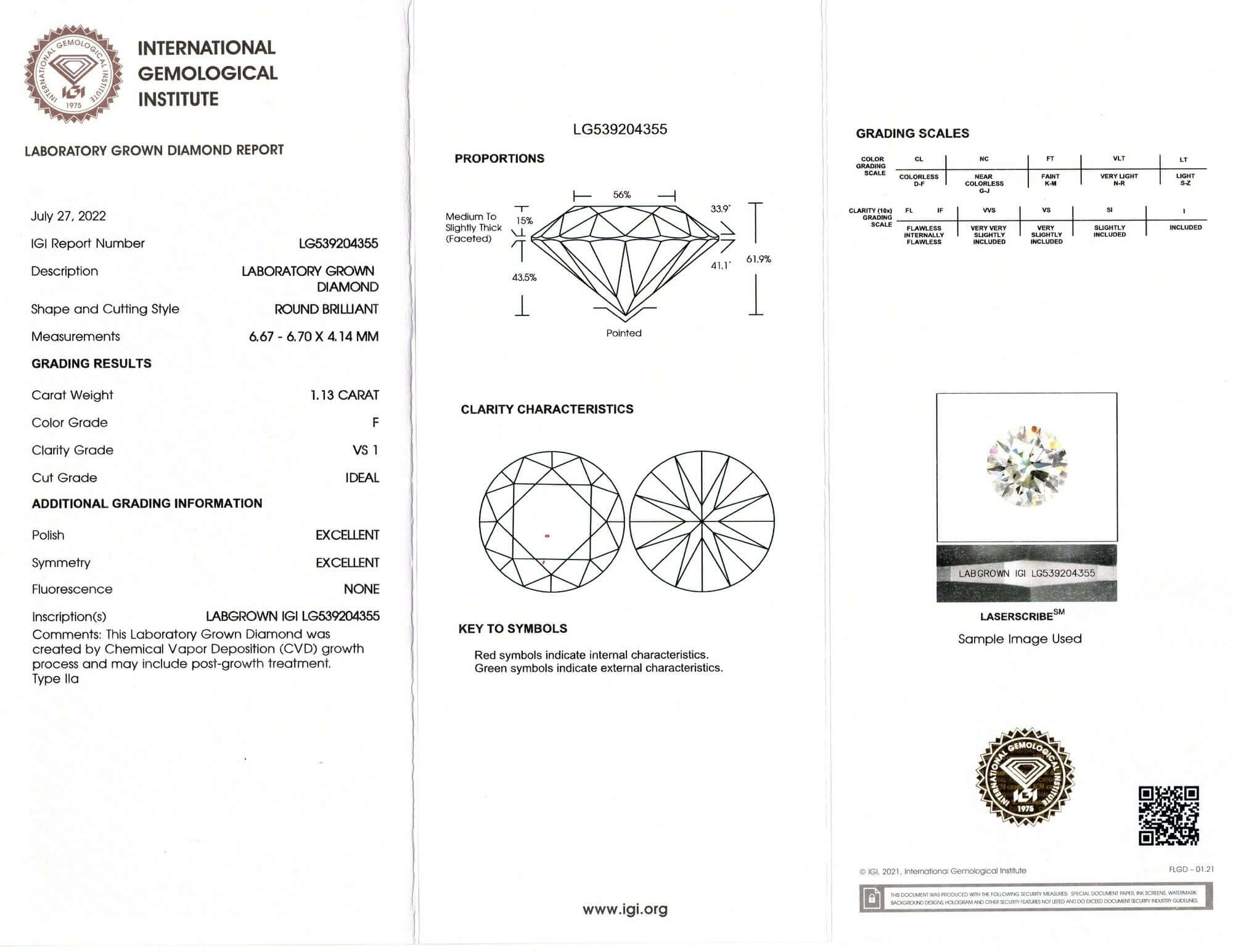 1.13ct LAB CREATED DIAMOND CERTIFIED F VS1 IDEAL CUT ROUND BRILLIANT LOOSE 1ct