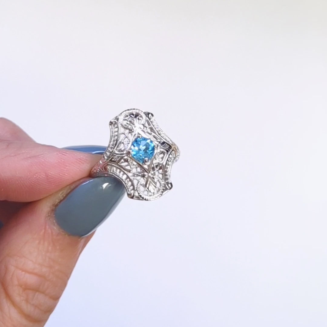 AQUAMARINE STERLING SILVER VINTAGE STYLE COCKTAIL RING ART DECO FILIGREE NAVETTE