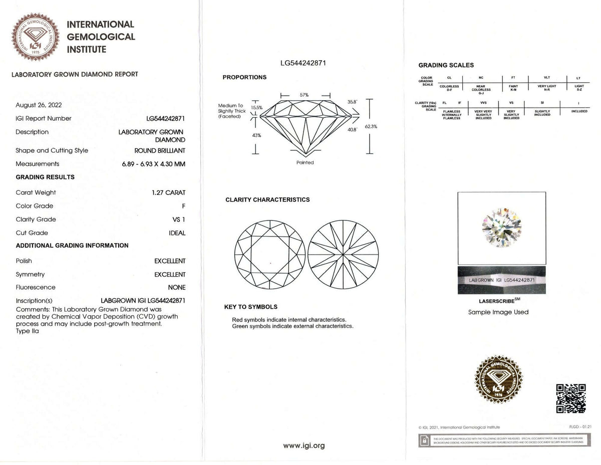 1.27 CARAT LAB CREATED DIAMOND CERTIFIED F VS1 ROUND BRILLIANT CUT LOOSE 1.27ct