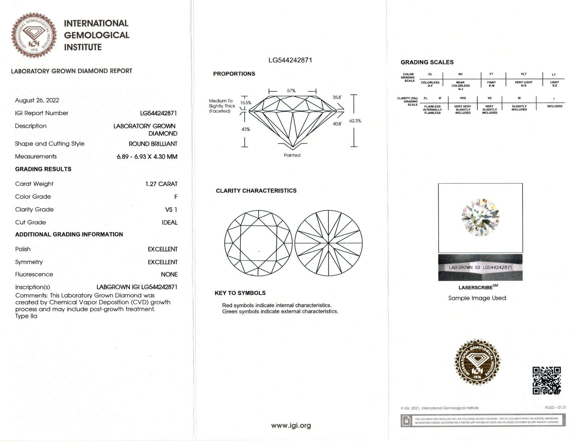 1.27 CARAT LAB CREATED DIAMOND CERTIFIED F VS1 ROUND BRILLIANT CUT LOOSE 1.27ct