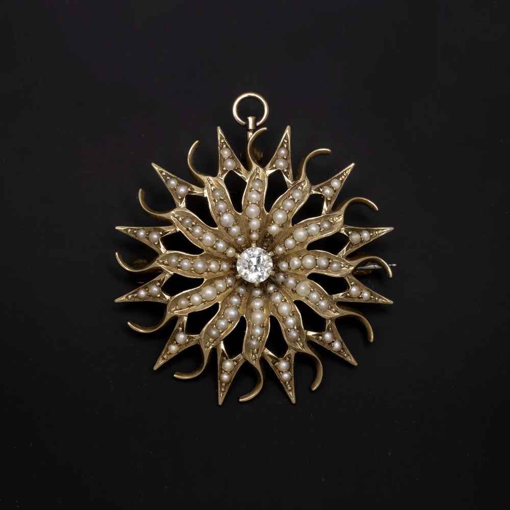 VICTORIAN DIAMOND PEARL STARBURST PENDANT PIN OLD EUROPEAN CUT SUN 14K NECKLACE
