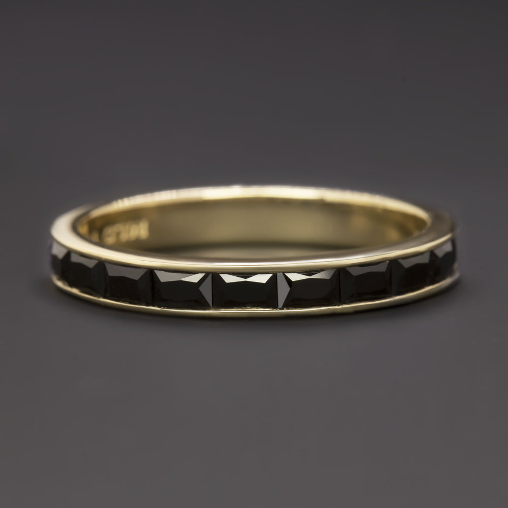 NATURAL BLACK SPINEL STACKING RING WEDDING BAND 14k YELLOW GOLD BAGUETTE CUT