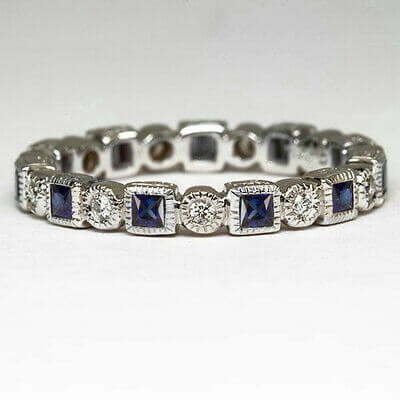 BLUE SAPPHIRE 0.6ct BAND DIAMOND VINTAGE RING ETERNITY BAGUETTE WEDDING COCKTAIL Ivy & Rose