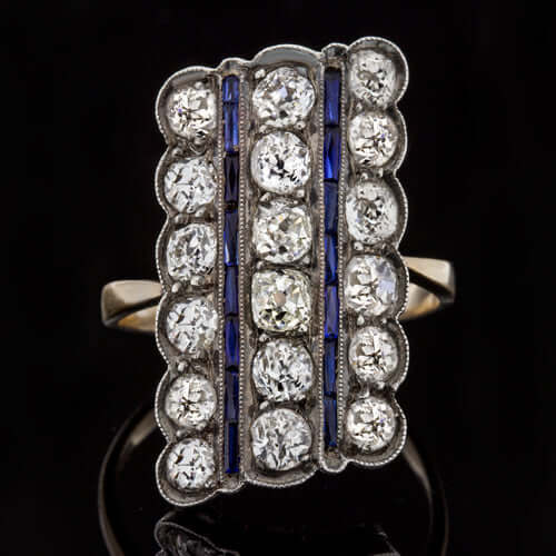 2ct 1900s ANTIQUE OLD MINE DIAMOND FRENCH CUT SAPPHIRE COCKTAIL RING ART NOUVEAU