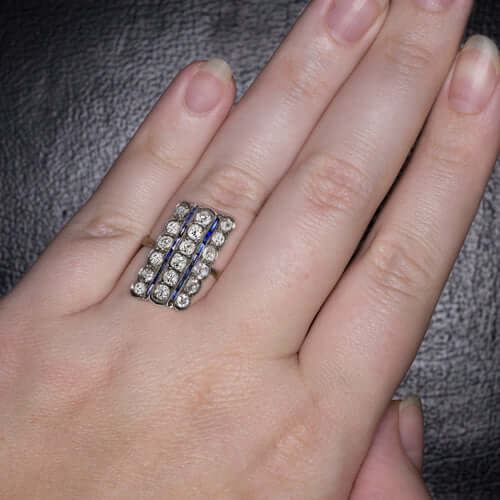 2ct 1900s ANTIQUE OLD MINE DIAMOND FRENCH CUT SAPPHIRE COCKTAIL RING ART NOUVEAU