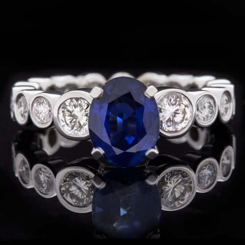 2.64c OVAL ROYAL BLUE SAPPHIRE 2ct DIAMONDS BEZEL ETERNITY ENGAGEMENT RING 18K