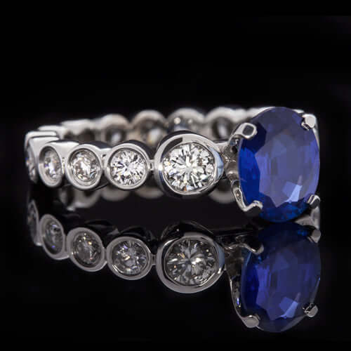 2.64c OVAL ROYAL BLUE SAPPHIRE 2ct DIAMONDS BEZEL ETERNITY ENGAGEMENT RING 18K