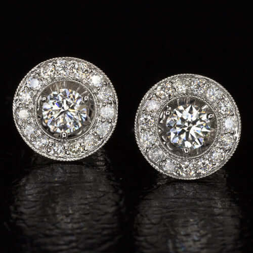 2.30c NATURAL DIAMONDS BIG STUDS 13mm HALO EARRINGS WHITE GOLD VINTAGE 2CT 2.5CT