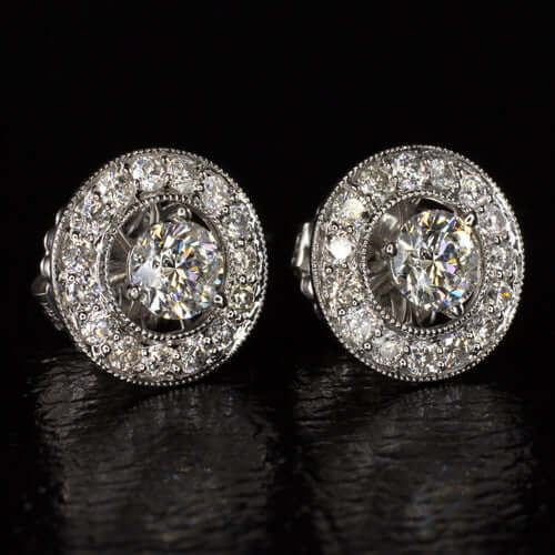 2.30c NATURAL DIAMONDS BIG STUDS 13mm HALO EARRINGS WHITE GOLD VINTAGE 2CT 2.5CT