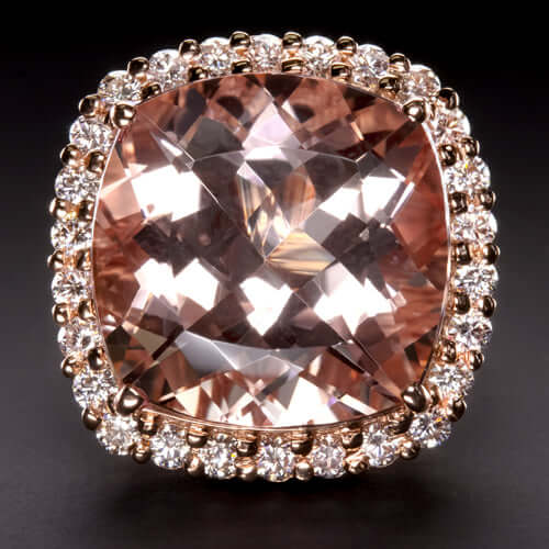 25ct IDEAL CUT NATURAL PEACH MORGANITE DIAMOND 18K ROSE GOLD HALO COCKTAIL RING