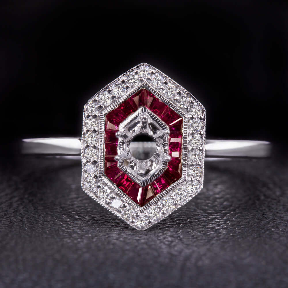 DIAMOND RUBY ENGAGEMENT RING SETTING ART DECO SEMI MOUNT VINTAGE STYLE CALIBRE