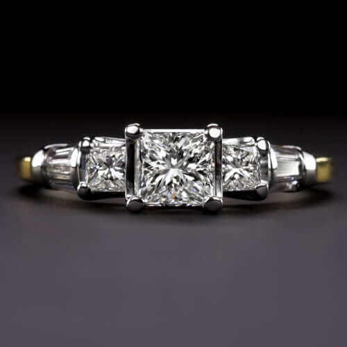 1.5ct VINTAGE H VS PRINCESS CUT NATURAL DIAMOND ENGAGEMENT RING 18K GOLD 3 STONE