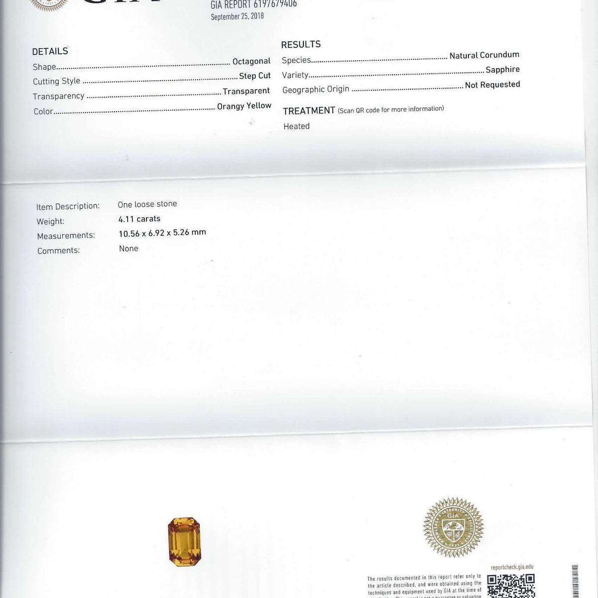 4.11ct GIA CERTIFIED ORANGE YELLOW SAPPHIRE EMERALD CUT TRANSPARENT NATURAL 4ct