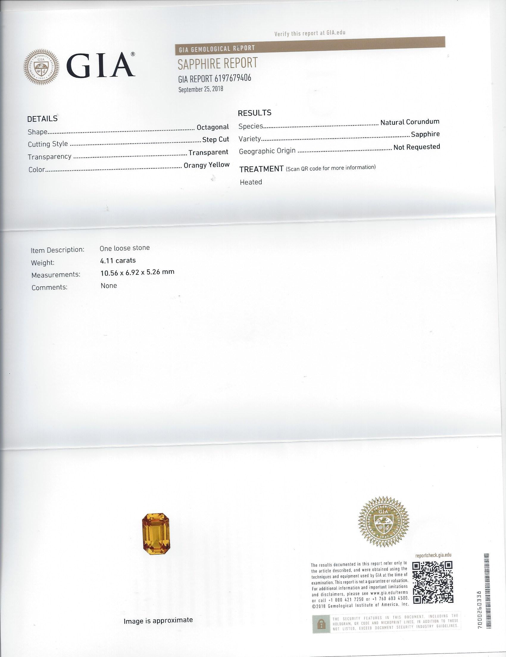 GIA CERTIFIED 4.11ct SAPPHIRE DIAMOND RING PLATINUM EMERALD CUT YELLOW ORANGE