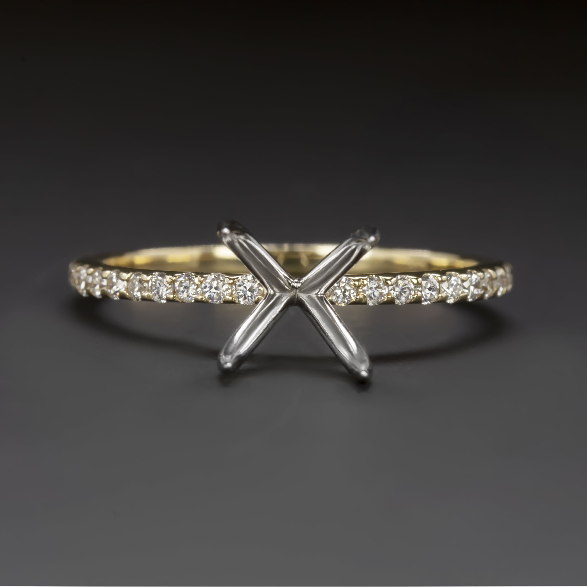 ROUND NATURAL DIAMOND RING SETTING TWO TONE 14K YELLOW WHITE GOLD THIN PAVE BAND